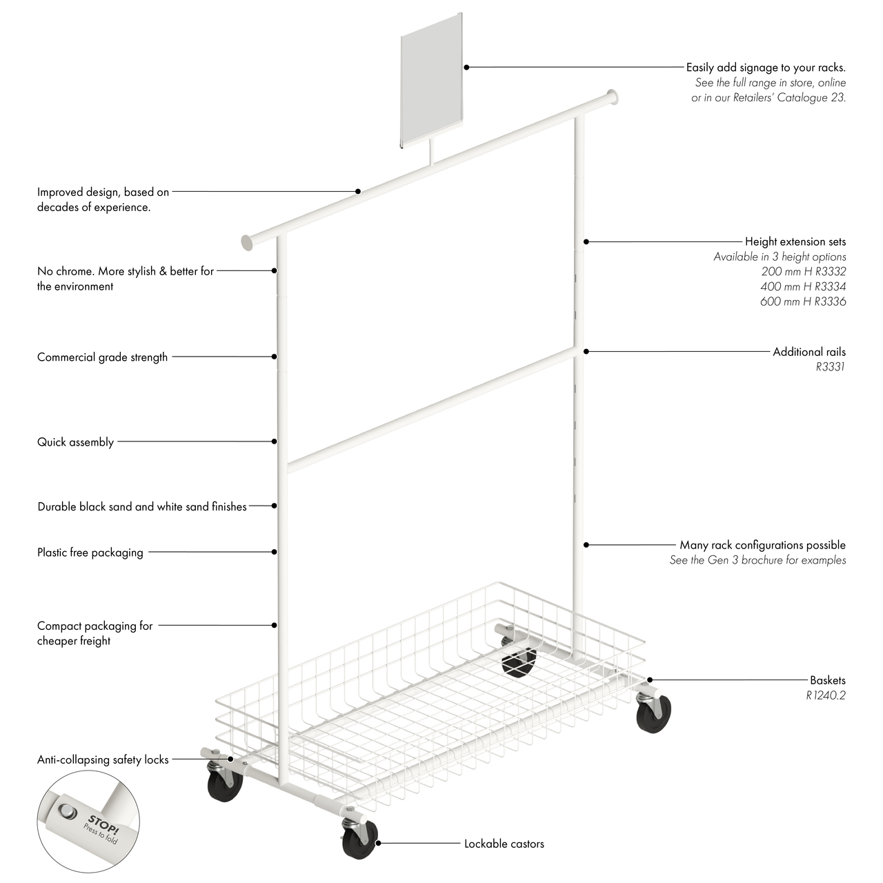 Collapsible mobile clothes rack Gen 3 1280 W x 1430 H x 560 mm D(R3330WTS)