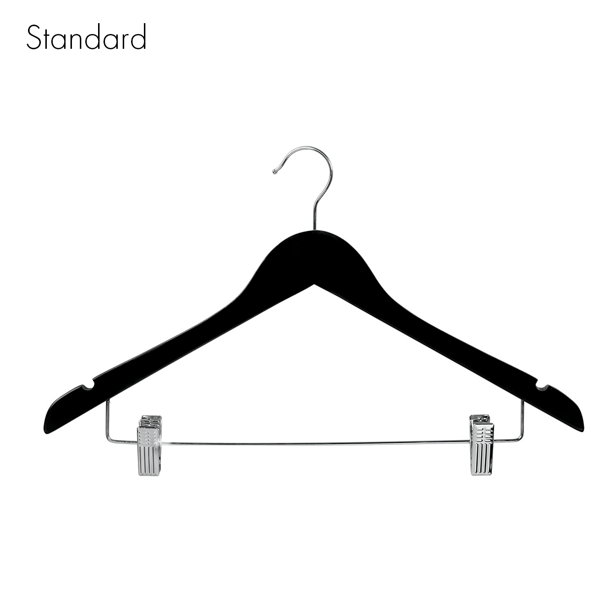Wooden hanger standard flat with notches & adjustable clips 440 W x 12 mm Thick(HSF2631BK)