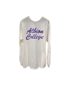 Long Sleeve White Shirt with Purple "Albion College" Writing