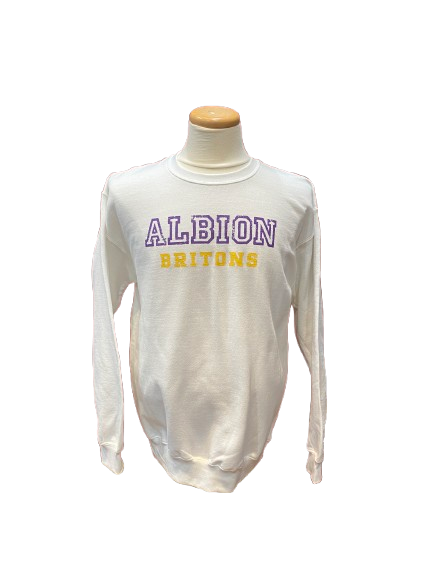 White Distressed Albion Britons Crewneck (purple and gold writing)