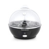 Black electric egg cooker with transparent lid, countertop product photo.