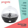 Black electric egg cooker with poached eggs, toast, and breakfast food on kitchen counter