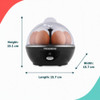 Black egg cooker with four eggs under clear lid, dimensions 15.1 x 15.7 x 15.7 cm