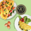 Promotional graphic: Celebrate 90 years with fluffy omelettes shown with fresh eggs and vegetables.