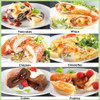Product image grid: pancakes, wraps, chicken, omelettes, cakes, and pastries on plates.