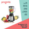 Black and silver blender with 1.5 litre glass jug, filled with fruit, on a kitchen counter.