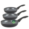 Set of three non-stick frying pans with black handles, speckled finish, PFAS free