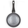 Grey non-stick frying pan with speckled surface shown from above