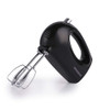 Black electric hand mixer with chrome beaters, side view, for kitchen use