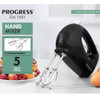 Black hand mixer with two stainless steel beaters, 5 speeds, shown on kitchen counter.