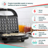 Open black waffle maker with feature icons for 750W, non-stick plates and carry handle
