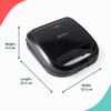 Black sandwich toaster with dimensions shown: 22.2cm length, 22.1cm width, 9.5cm height
