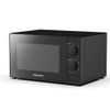 Black microwave oven with manual dials, shown angled on a plain background.