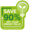 Banner: Save 90% off your energy bills, green background with light bulb and plug graphic.