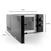 Black Progress microwave oven with open door, showing size dimensions in centimetres.