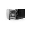 Black microwave oven with open door, showing a white bowl inside, front angled view