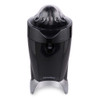 Black electric citrus juicer with silver base and transparent lid, front view