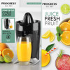 Black electric citrus juicer pouring orange juice into glass, oranges and limes beside.