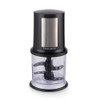 Black and silver electric food chopper with clear bowl, shown upright on white background