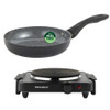 Black non-stick frying pan with PFAS free label and single electric hot plate