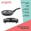 Grey non-stick frying pan with black handle, shown from above