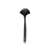 Black ladle with green detail, kitchen utensil shown on plain background