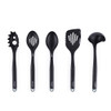 Set of five black nylon kitchen utensils shown side by side, includes slotted spoon, spatula, ladle.
