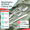 Four-piece silver cutlery set shown laid out on a table, includes fork, knife and two spoons