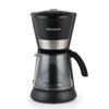 Black filter coffee maker with glass jug, shown upright for product listing.