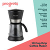 Progress filter coffee machine packaging, shows 10 cup capacity and 3 year guarantee.