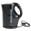 Black electric kettle with water gauge, side view, UK plug attached