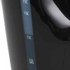 Black electric kettle water level indicator showing minimum and 1.0L mark