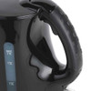 Black plastic electric kettle close up showing handle and water level indicator