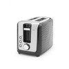 Two-slice black and silver toaster with wave pattern side, shown angled on white