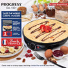 Electric crepe maker with a wooden spreader, shown cooking crepes with fruit and nut toppings