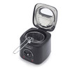 Black electric deep fryer with open lid, showing basket and control dial