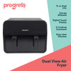 Black dual basket air fryer with open drawers, front view