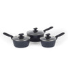 Set of three black non-stick saucepans with glass lids, shown side by side