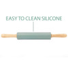 Green silicone rolling pin with wooden handles, shown with text: easy to clean silicone