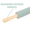 Green rolling pin with ergonomic wooden handle, close-up showing grip feature