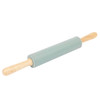 Green non-stick rolling pin with wooden handles, shown on white background