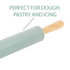 Green non-stick rolling pin with wooden handles, shown on white background
