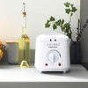 White electric deep fryer with adjustable temperature dial, indicator lights, and viewing window