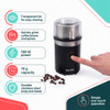 Black electric grinder with dimensions shown: 19 cm high, 9 cm wide and 9 cm deep