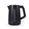 Black electric kettle with water level indicator, shown upright on a white background.
