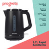 Progress rapid boil kettle packaging showing black 1.7L kettle on box.