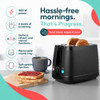Black two-slice toaster with dimensions shown: 25.97cm wide, 17.14cm deep, 17.85cm high
