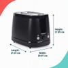Black 2-slice toaster with multigrain toast, next to a cup of coffee and jam on toast