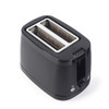 Black toaster with removable crumb tray partly pulled out, showing bread crumbs