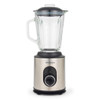 Stainless steel and black jug blender with glass jug, shown upright on white background